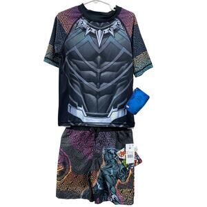 New Marvel Avengers Black Panther Boys XS 2PC Swim Trunk Swimming Shirt Set